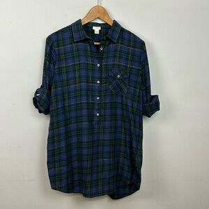 J. Crew Style Navy Blue & Dark Green Gold thread Plaid Popover Tunic Shirt Sz S